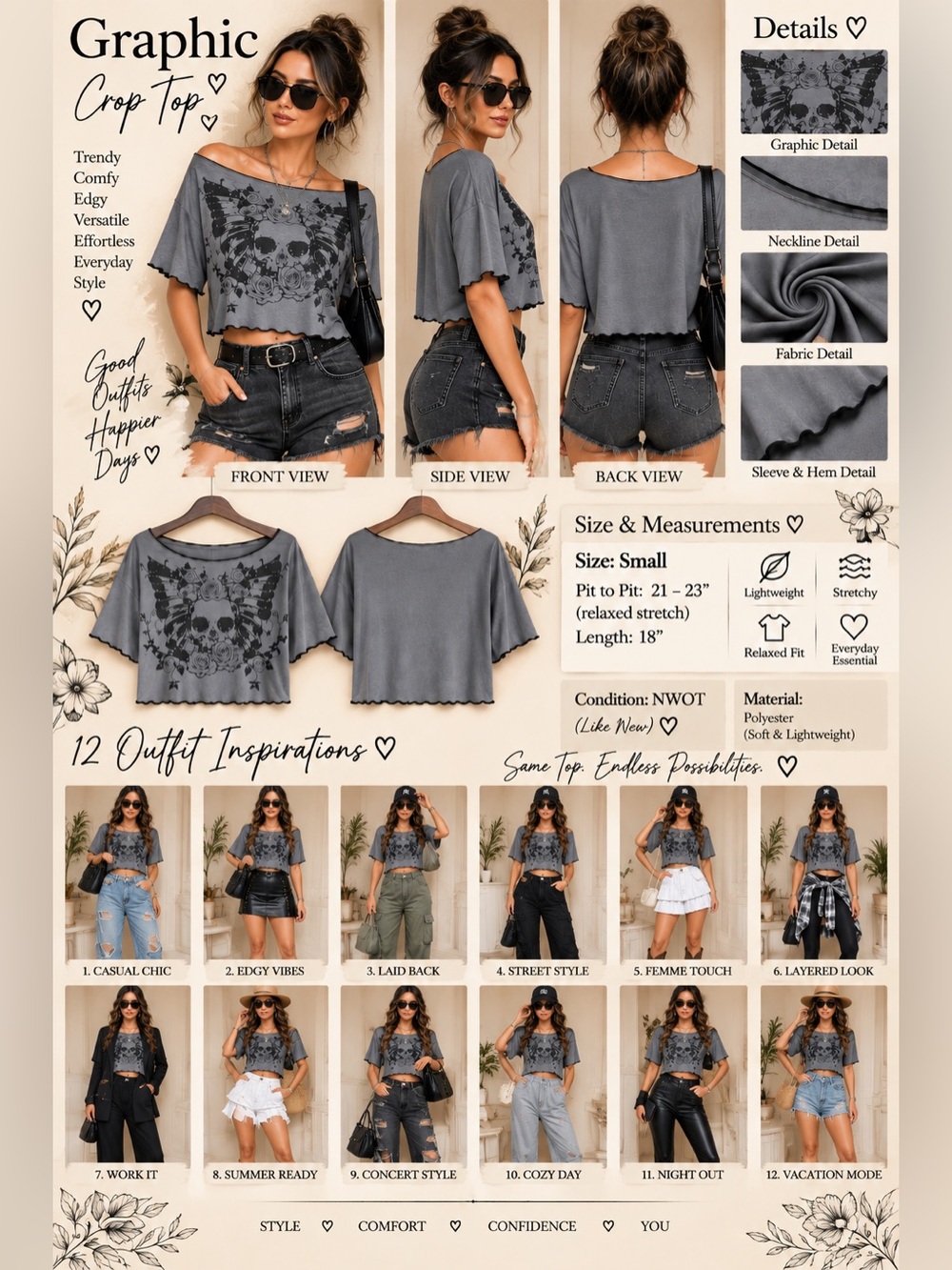 Skull Rose Graphic Oversized Crop Top - Picture 5 of 11